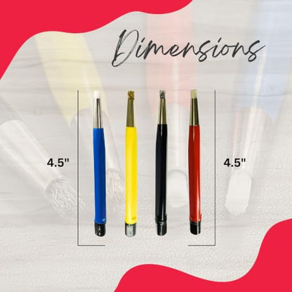 4 Piece Fiberglass Scratch Brush Pen Set with Steel, Brass, Nylon Tips | Surface Restoration, Oxidation Cleaning, Metal Polishing, Jewelry Cleaning, Watch Cleaning, Coin Cleaning, PCB Cleaning