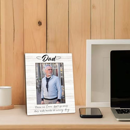 Dad Memorial Picture Frame 5x7, In Loving Memory Photo Frame, Memorial Gifts for Loss of Dad, They Walk Beside us Every Day Sympathy Wooden Picture Photo Frames for Desk Home Room Decor（White）