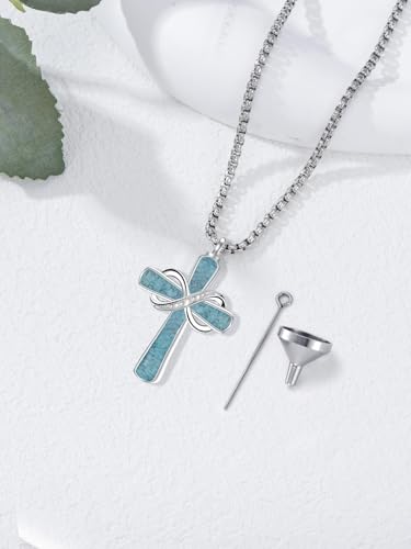 Turquoise Cross Urn Necklaces for Human Ashes 925 Sterling Silver Urn Necklaces Cremation Keepsake Memorial Pendant Necklace for Ashes for Loved One Human Pet - style: Infinity-Text&photo
