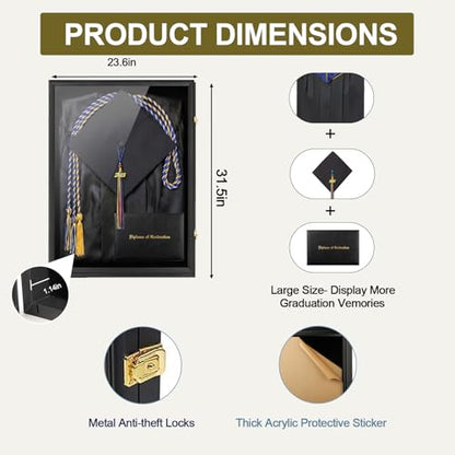 IHEIPYE Large Black Graduation Shadow Box Frame 2P Wall Mounted Lockable | Keepsake Display Case, UV-Protective Doorr, Holds Cap, Gown, Diploma, Tassel, Medals, All Graduation Memorabilia - size: Large-Black-2P