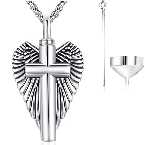 Aniu S925 Sterling Silver Urn Necklace Cremation Jewelry for Ashes - color: Cross Angel Wing