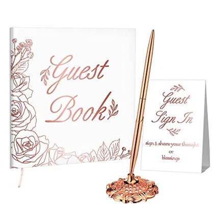Wedding Guest Book with Pen Table Cards 9x9 Inch,Classic Style | 50 Sheets Hardcover Sign in Book, Rose Gold Floral Design, Includes Metal Pen with Stand, Bridal Shower Baby Shower - style: Classic Style