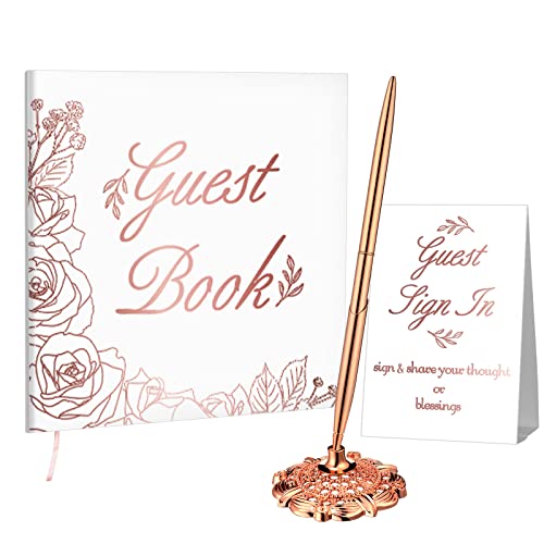 Wedding Guest Book with Pen Table Cards 9x9 Inch,Classic Style | 50 Sheets Hardcover Sign in Book, Rose Gold Floral Design, Includes Metal Pen with Stand, Bridal Shower Baby Shower - style: Classic Style