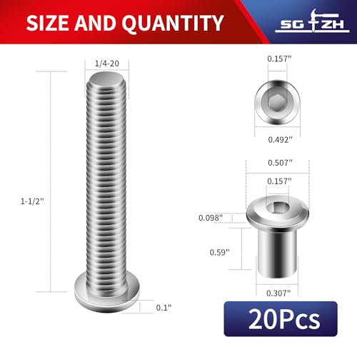1/4-20 x 1-1/2" 20Pcs Flat Head Hex Socket Cap Screws Bolts Barrel Nuts Kit, 304 Stainless Steel 18-8, Full Thread by SG TZH (with Hex Spanner) - color: Silver, size: 1/4-20 x 1-1/2"