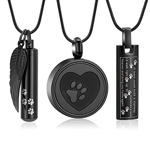 Hearbeingt Cylinder Cremation Jewelry Paw Print Urn Necklaces for Ashes | Stainless Steel,with Charm Wing,for Women Men,Memorial Necklace,Ash Pendant for Human Pet,Keepsake Jewelry,Gift,Fill Tool - color: 3 pack-Black