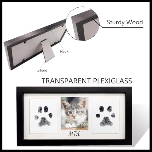 Paw Print Frame Kit for Dog Cat & Baby, Extra Large Wooden Memorial Frame, Inkless Pad & Soft Clay Impression Kit with Tool, Black (Black) - color: black