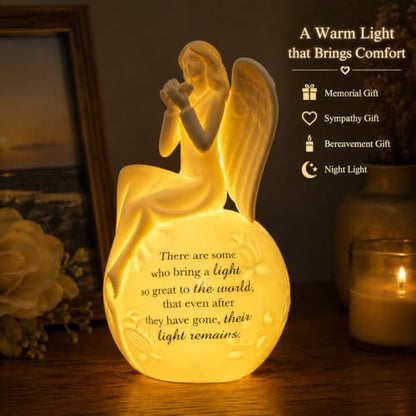 Memorial Angel Figurine with LED Light, Sympathy Gifts for Loss of Loved One, Ceramic Remembrance Angel Statue, Bereavement Gift, Funeral Keepsake, in Memory Gift, Batteries Included - color: White With Warm Light