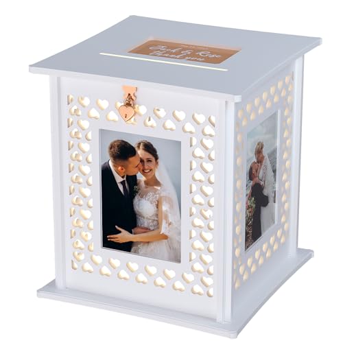 Wooden Wedding Card Box with Slot, Lock and Photo Frame | Large white wood card box for wedding receptions; secures envelopes and money gifts with a lock and displays a couple photo.