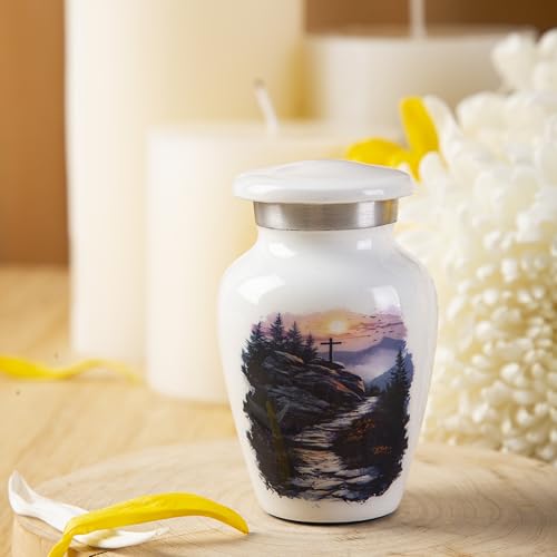 Mini Keepsake Urn for Human Ashes – Small Christian Cross Memorial Urn – Decorative Metal Funeral Keepsake for Family Remembrance