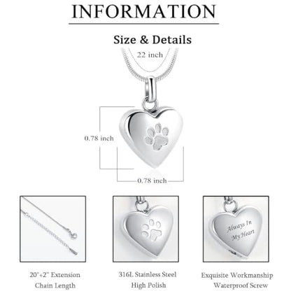 zeqingjw Pet Cremation Jewelry for Ashes Pendant Paw Print Pet Heart Urn Necklace Memorial Keepsake Jewelry for Pet/Dog's/Cat's Ashes - color: Heart-Silver-Always In My Heart