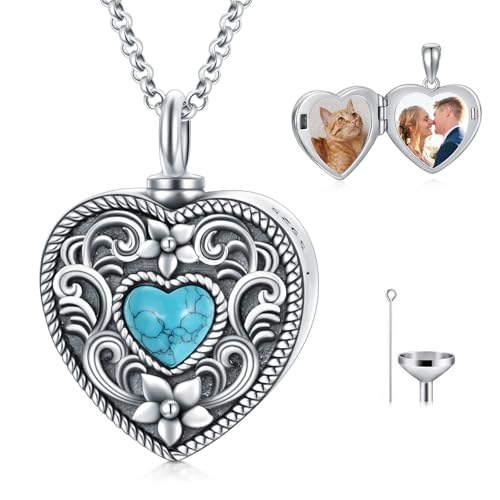 Personalized Heart Urn Locket Necklace for Ashes and Pictures 925 Sterling Silver Customized Locket Cremation Necklace for Ashes Memorial Keepsake Jewelry for Women - color: Flower Turquoise Urn Locket, style: No Custom