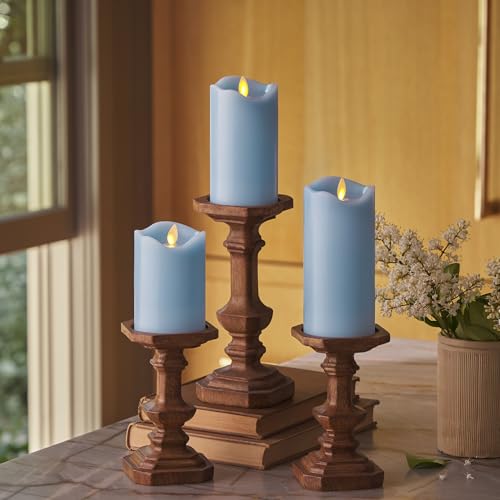 Matchless Candle Co. Set of 3 (3" x 4.5",5.5",6.5") Flameless LED Flickering Battery Candle Moving Flame Pillar, Melted Edge, Real Wax Smooth Finish (Pastel Blue) - color: Pastel Blue