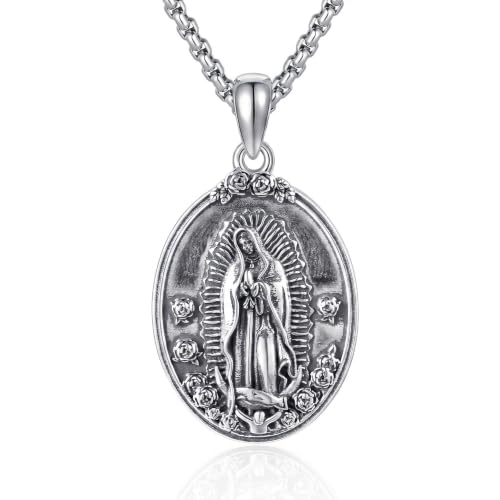 YAFEINI Virgen De Guadalupe Necklace 925 Sterling Silver Mother Mary Necklace Virgencita Jewelry Thanksgiving Day Gifts for Women - style: Silver Oxide