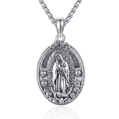 YAFEINI Virgen De Guadalupe Necklace 925 Sterling Silver Mother Mary Necklace Virgencita Jewelry Thanksgiving Day Gifts for Women - style: Silver Oxide