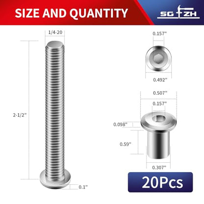 1/4-20 x 2-1/2" 20Pcs Flat Head Hex Socket Cap Screws Bolts Barrel Nuts Kit, 304 Stainless Steel 18-8, Full Thread by SG TZH (with Hex Spanner) - color: Silver, size: 1/4-20 x 2-1/2"