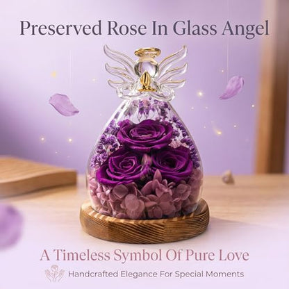 Preserved Real Rose Eternal Rose in Glass Angel Figurine with LED Light, Forever Flowers Angel Gift for Women Her Mom on Valentine's Day Christmas Birthday Anniversary (Purple, 5.8 Inch) - color: Purple