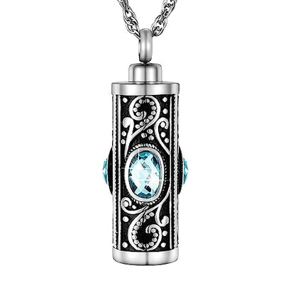 XIUDA Crystal Cremation Urn Necklace for Ashes Keepsake Stainless Steel Memorial Pendant with Flower - color: Water Blue
