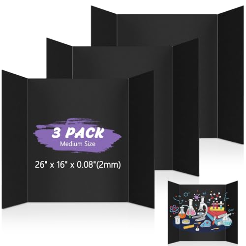AKONEGE 3 Pack Medium Trifold Poster Board 26" x 16" Tri Fold Poster Boards Black Corrugated Cardboard Project Boards for Presentations, School Projects, Science Fair, Exhibition Event Display - size: 26" x 16" (Medium)
