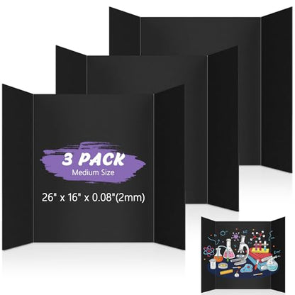 AKONEGE 3 Pack Medium Trifold Poster Board 26" x 16" Tri Fold Poster Boards Black Corrugated Cardboard Project Boards for Presentations, School Projects, Science Fair, Exhibition Event Display - size: 26" x 16" (Medium)