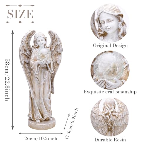 TERESA'S COLLECTIONS Angel Garden Solar Resin Fairy Glass Ball Statue 23" | Solar angel statue with wing & glowing glass ball | Outdoor resin decor for garden, yard, lawn | Great gift for any occasion - size: X-Large