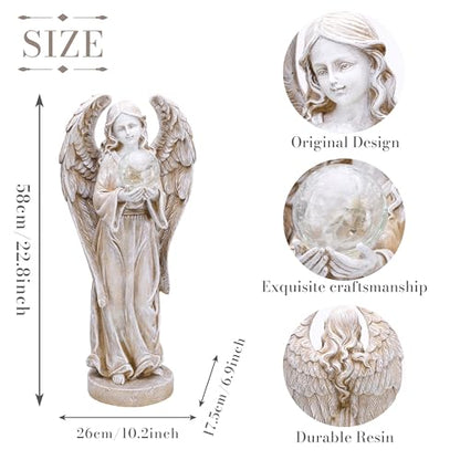 TERESA'S COLLECTIONS Angel Garden Solar Resin Fairy Glass Ball Statue 23" | Solar angel statue with wing & glowing glass ball | Outdoor resin decor for garden, yard, lawn | Great gift for any occasion - size: X-Large
