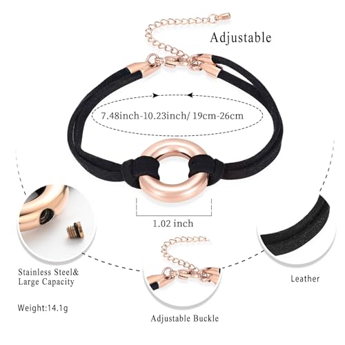 Oinsi Circle Of Life Cremation Jewelry Black Genuine Leather Memorial Urn Bracelet For Ashes Of Loved One Keepsake Holder For Women Men - color: Rose Gold
