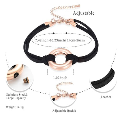 Oinsi Circle Of Life Cremation Jewelry Black Genuine Leather Memorial Urn Bracelet For Ashes Of Loved One Keepsake Holder For Women Men - color: Rose Gold