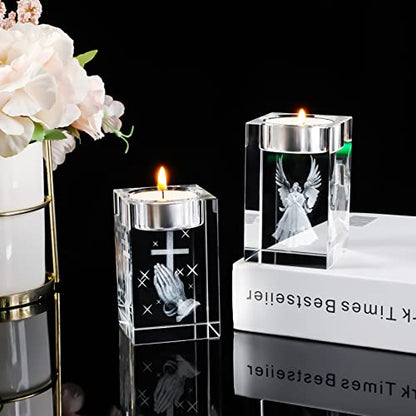 YWHL Cross Religious Crystal Votive Candle Holders, Religious Gifts for Women, 3D Praying Hands and Cross Glass Tealight Candle Holder for Table Centerpiece (Excluding Candles) - color: Praying Hand