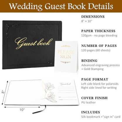 8x10 Inch Wedding Guest Book - 120 Blank & Lined Pages, Gold Foil PU Leather Hardbound Cover, Durable Sewn Binding, Black - color: Black