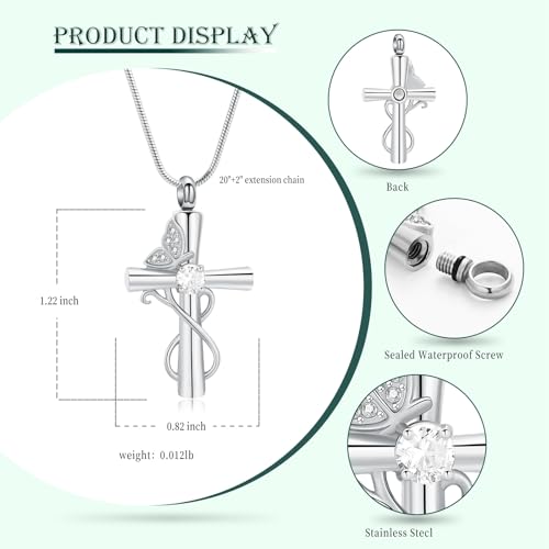 Butterfly Cross Cremation Jewelry Urn Necklaces Cross Butterfly Urn Necklaces for Ashes Memorial Keepsake Pendant for Women Men Gifts With Funnel Kit & Bag - color: Silver