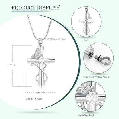 Butterfly Cross Cremation Jewelry Urn Necklaces Cross Butterfly Urn Necklaces for Ashes Memorial Keepsake Pendant for Women Men Gifts With Funnel Kit & Bag - color: Silver