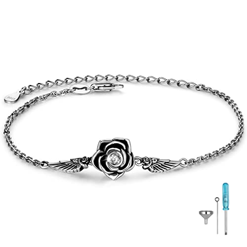 ZOEXUE Infinity/Tree of Life/Rose/Angel Wings/Heart Urn Bracelet for Ashes 925 Sterling Silver Cremation Bracelet for Ashes Keepsake Ashes Urns Jewelry Women Loved Ones - style: Rose urn brcelet