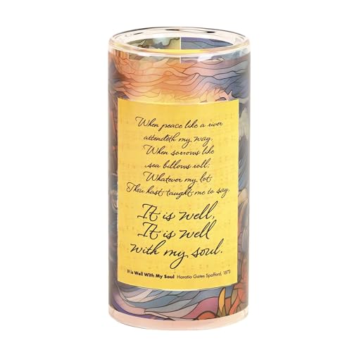 Dicksons, Classic Hymns, Inspirational Christian, Medium, 8 inch Tall Glass Holder, Full Wrap Print, Includes LED 3 inch Round Pillar Candle, It is Will with My Soul