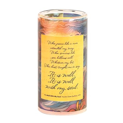 Dicksons, Classic Hymns, Inspirational Christian, Medium, 8 inch Tall Glass Holder, Full Wrap Print, Includes LED 3 inch Round Pillar Candle, It is Will with My Soul