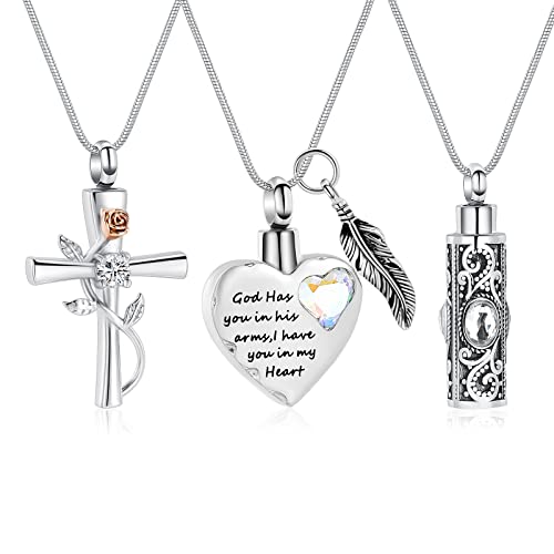 3 Pcs Cylinder/Cross/Heart Urn Necklace for Ashes Cremation Jewelry for Women Men Stainless Steel Memorial Necklaces Ash Holder for Human Pets Keepsake Jewelry for Loved Ones with Fill Tool - color: White