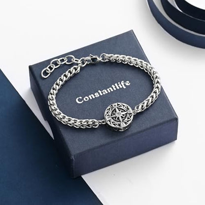 constantlife Compass Urn Bracelet for Ashes Stainless Steel Adjustable Link Bangle Cremation Keepsake Loved Ones Memorial Jewelry for Women Men - color: Silver