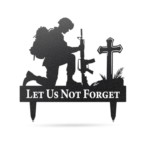 RealSteel Let Us Not Forget Fallen Soldier Kneeling at Cross Metal Garden Stake - Memorial Day Military Yard Sign - Handmade in Texas - American Steel - Powder Coated (B-24) - color: Black