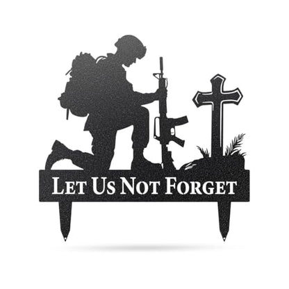 RealSteel Let Us Not Forget Fallen Soldier Kneeling at Cross Metal Garden Stake - Memorial Day Military Yard Sign - Handmade in Texas - American Steel - Powder Coated (B-24) - color: Black