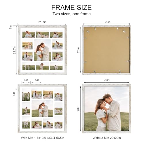 Hongkee 20x20 Square Frame 2 Pack, Fits 11 Photo with Mat- Real Glass Cover - color: Distressed White, size: 20x20 in with mat