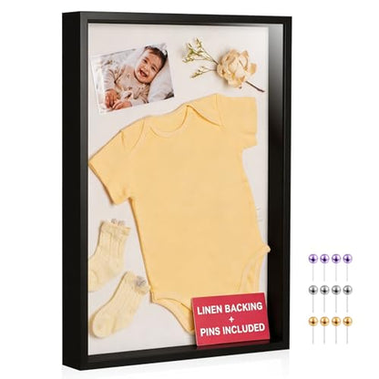 16x20 Large Shadow Box Frame with Thickened Acrylic Panel & Pins | With Push Pins, Deep 1.7" Black Shadow Box Display Case – Display on Tabletop or Wall for Jersey, T-shirt, Keepsake, Wedding - color: Black+high Definition Panel + Shatter-proof Packaging,