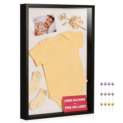16x20 Large Shadow Box Frame with Thickened Acrylic Panel & Pins | With Push Pins, Deep 1.7" Black Shadow Box Display Case – Display on Tabletop or Wall for Jersey, T-shirt, Keepsake, Wedding - color: Black+high Definition Panel + Shatter-proof Packaging,