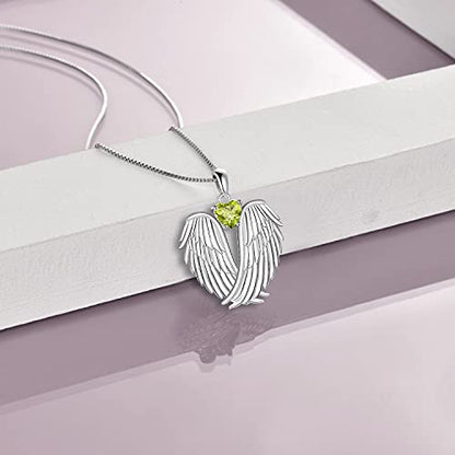 YFN Angel Wings Necklace 925 Sterling Silver Guardian Angel Wings Pendant Necklace Birthstone Necklace for Women Girls Christmas Jewelry Gifts - color: August wings