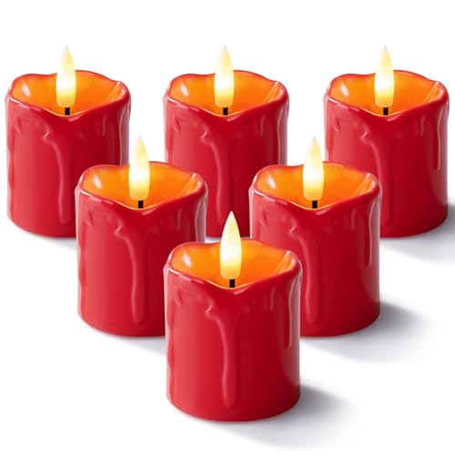 Homemory 2"x 2" Red 6 Hour Timer Flameless Votive Candles, 6 Pack | Battery operated, 400+ hours runtime, flickering flame, 3D wick fake candle for valentine’s day & christmas table decor - color: Red