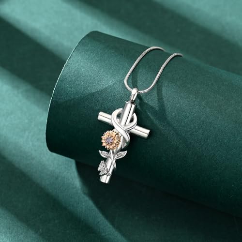Cross Sunflower Cremation Jewelry Urn Necklaces Cross Urn Pendant Necklaces for Ashes Memorial Keepsake Pendant for Women Men Gifts With Funnel Kit & Bag - color: Rose+Purple