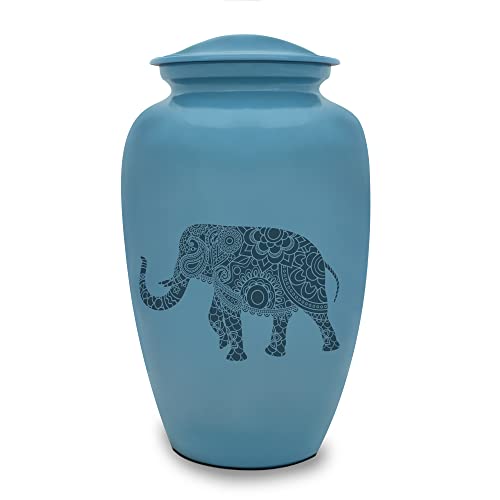 Indian Elephant Cremation Urn for Human Ashes - Handmade Cremation Urn - Adult Burial Urn - Blue Urn with Spiritual Design - Comes with Bag - color: Indian Elephant, size: 1 Large Urn