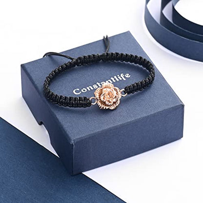 Rose Flower Ashes Bracelet Adjustable Braided Rope Cremation Jewelry | mini urn, stainless steel material, for women, waterproof sealed ring & lobster clasp keep ashes secure, with a filling tool - color: Rose Gold