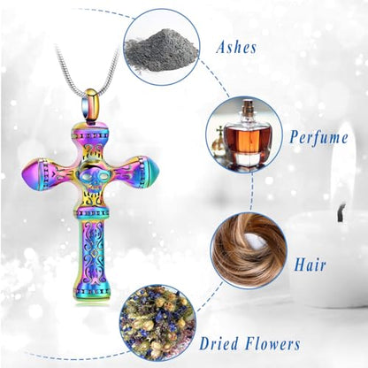 Skull Cross Cremation Jewelry Retro Skull Urn Necklaces for Ashe Stainless Steel Memorial locket Keepsakes Jewelry Human Ash Pendant Jewelry for Men Women - color: Rainbow