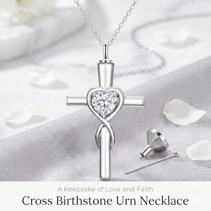 YYB Urn Necklace for Ashes Women Heart Birthstone Cross Cremation Jewelry | Memorial Keepsake Funeral Jewelry for Loved Ones (with Funnel Filler) - color: 04-Apr-CZ.