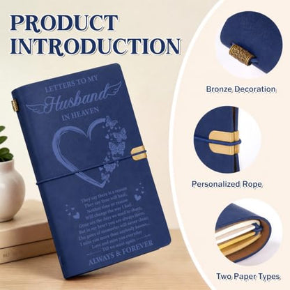 Vetbuosa Memorial Gifts for Loss of Husband, Letters to Husband in Heaven Leather Journal, Sympathy Remembrance Bereavement Condolence Gifts for Loss of Husband, A6 Blue Journal with 140 Pages - color: Blue-Husband