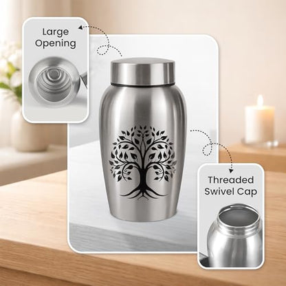 Stainless Steel Silver Urn for Ashes Male & Female, Cremation urns for Human Ashes Man & Women, Set of 5 Includes 1 Large Urn, 2 Keepsakes & 1 Silver & Black Cross Necklace - color: Stainless Steel Tree of Life Urn - Companion Set
